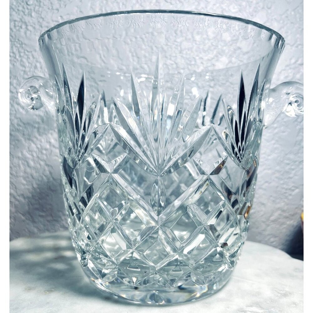 Crystal Champaign Ice Bucket Diamond Cut Swirled Scroll Handles 8X8"